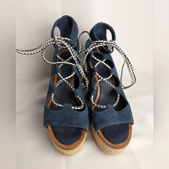 TORY BURCH Positano Suede Lace Up Platform Heel Women Sandals Size 9.5 Blue Beig - Picture 5 of 14